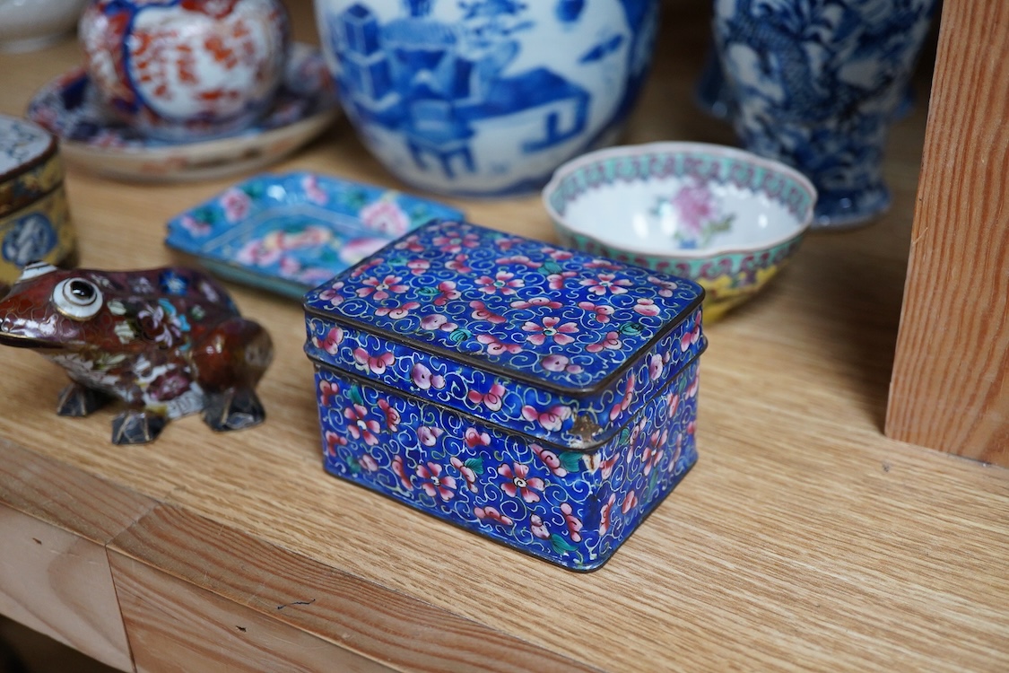 A pair of Chinese blue and white vases and covers and three other items, together with Japanese ceramics, cloisonné and Canton enamelware (11)